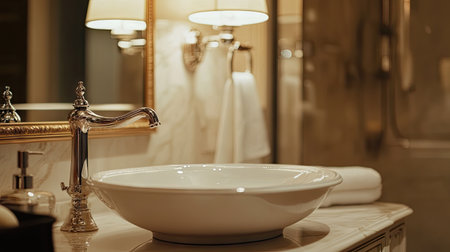 Discover a sophisticated apartment bathroom featuring elegant design elements, with a stylish sink and warm lighting, ideal for serene relaxation and modern aesthetics.の素材