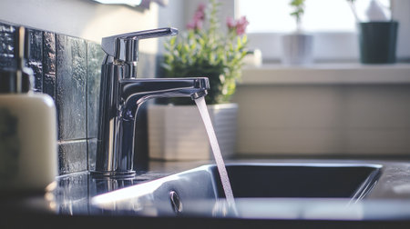 This image showcases a modern bathroom sink featuring a sleek faucet with flowing water, set against a bright and inviting interior, perfect for promoting stylish home design.の素材