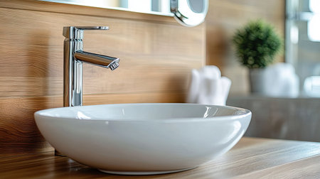 This image showcases a modern and spacious bathroom featuring a sleek silver faucet and a stylish washbasin, emphasizing minimalist design and tranquility.の素材