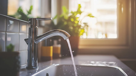 A sleek faucet emits a gentle stream of water in a stylish bathroom with natural light. The scene blends modern design with a touch of greenery, creating a serene atmosphere perfect for a contemporary home.の素材