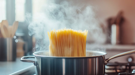 Pasta boiling in a pot on the stove, with steam rising and room for copy. The clean, modern kitchen setup is ideal for Italian cooking themes.の素材