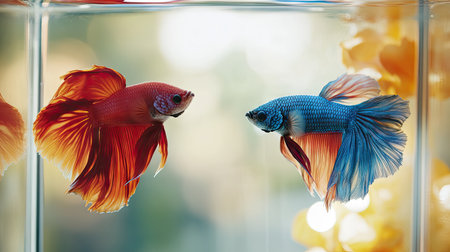 Two betta fish in separate tanks, with the focus on their vivid colors. The clear space around each fish provides a perfect backdrop for copy.の素材