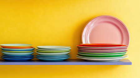 Stack of colorful plates on a kitchen shelf, with blank wall space for copy. Bright and cheerful tones ideal for promoting kitchenware.の素材