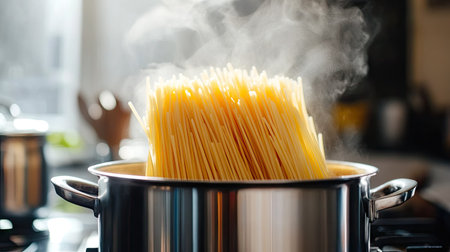 Pot of pasta on the stove, with steam rising and room for text. The simple, modern kitchen scene highlights Italian cooking themes.の素材