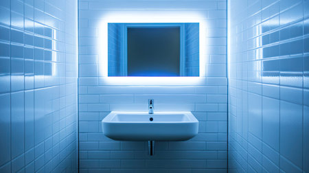 A modern washroom featuring a chic sink and illuminated mirror. The clean lines and bright ambiance create a stylish and inviting atmosphere. Perfect for contemporary spaces.の素材