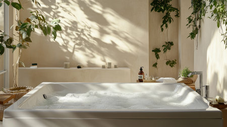 A tranquil bathtub scene featuring cold water and ice, surrounded by soothing greenery, perfect for a calming spa experience at home. Ideal for relaxation and self-care.の素材