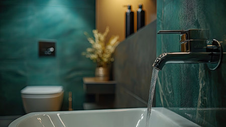 This elegant luxury bathroom showcases a modern design with a sleek metal faucet and a tranquil water flow, perfect for relaxation and inspiration.の素材