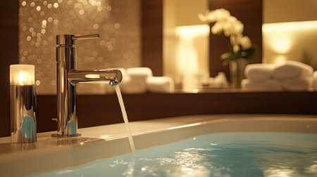 Experience the tranquility of a modern bathroom, featuring a sleek faucet flowing with water, set against a serene ambiance of soft lighting and elegant dの素材