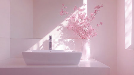 Explore a modern minimalist bathroom design featuring a sleek white sink and a soft floral accent. Ideal for creating a serene and elegant space.の素材