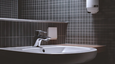This image showcases a modern bathroom sink with a sleek design, featuring clean lines and a minimalist aesthetic. Ideal for interior decor inspiration.の素材