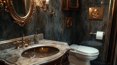 Close-up of a luxurious bathroom featuring an elegant metal faucet and marble sink. The opulent design enhances the sophisticated ambiance of the space.の素材