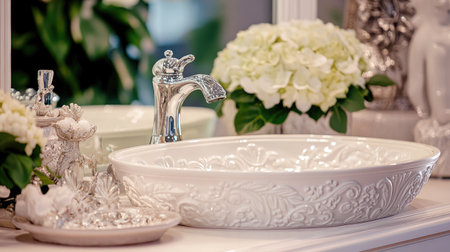 A pristine white sink features an elegant faucet, surrounded by delicate floral arrangements. This image captures modern luxury and serene beauty in interiors.の素材