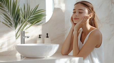 A serene scene featuring a woman enjoying a moment of relaxation in a modern minimalist bathroom. The elegant white basin and soft natural light create a refreshing ambiance.の素材