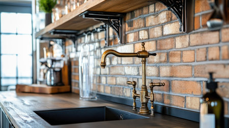 Discover a stylish kitchen featuring a unique tap and sink design. The brick wall and wooden shelves create an inviting ambiance with a modern touch.の素材
