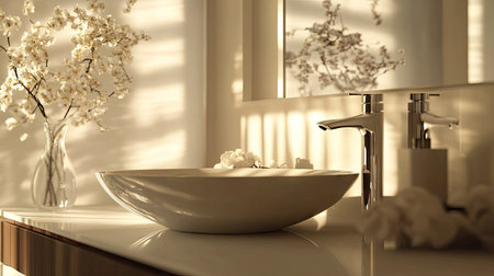 This elegant bathroom design features a glossy sink and stylish decor, creating a serene atmosphere with soft lighting and floral accents. Perfect for modern interiors.の素材