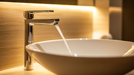 Explore a close-up view of a minimalist bathroom water basin with a sleek tap, showcasing modern design and elegant functionality in a calming ambiance.の素材