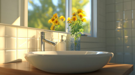 This bright contemporary bathroom features a sleek sink and elegant decor with natural light pouring in, creating a peaceful and inviting space filled with flowers.の素材