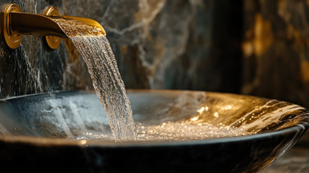 This image captures an elegant contemporary bathroom featuring a stylish faucet with flowing water. The luxurious marble elements enhance the modern design.の素材