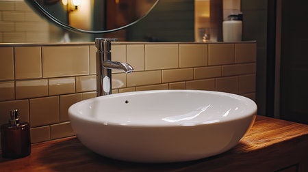 A stylish modern bathroom sink featuring a round ceramic basin on a wooden counter. It highlights minimalistic design with elegant lighting and warm tones.の素材