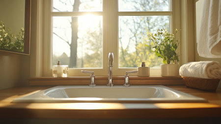 A contemporary bathroom sink bathed in natural light, featuring polished surfaces and elegant fixtures, creating a serene and inviting atmosphere for relaxation and hygiene.の素材