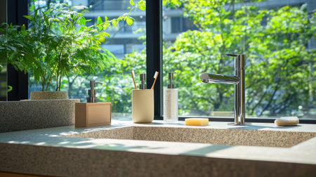 A modern bathroom scene featuring a stylish faucet and a minimalist countertop. Natural light enhances the soothing atmosphere with greenery, perfect for a serene space.の素材