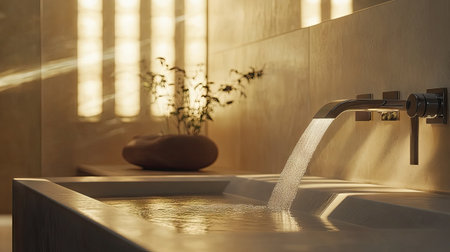 A tranquil modern bathroom scene featuring a sleek faucet with running water. Soft light filters in, enhancing the serene atmosphere perfect for relaxation and style.の素材