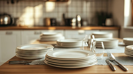 Empty plates and silverware arranged neatly on a blank kitchen table, with room for text in the background. Simple, elegant, and ready for a meal. -の素材