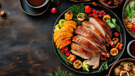 A stunning presentation of beautifully arranged roasted duck served on a plate, accompanied by colorful garnishes and vibrant seasonal ingredients, perfect for gourmet dining.の素材