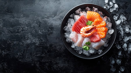 This image showcases a colorful assortment of sashimi served on a bed of ice, highlighting freshness and culinary art. Ideal for food-related content.の素材