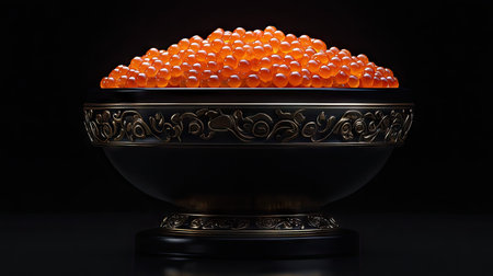 A stunning black vessel overflowing with vibrant orange pearls, showcasing a harmonious blend of elegance and creativity in a luxurious setting.の素材