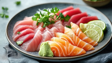 Discover an elegant plate featuring assorted sushi and sashimi garnished with fresh herbs and citrus. Perfect for gourmet dining experiences.の素材