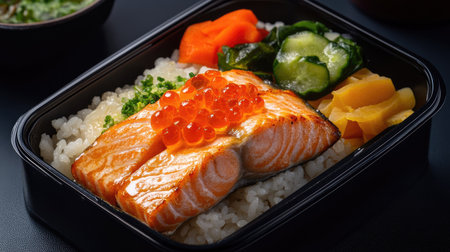 This beautifully arranged salmon donburi showcases tender salmon atop a bed of rice, accompanied by vibrant vegetables, creating a delicious, healthy meal.の素材
