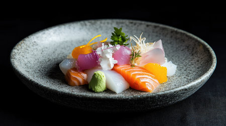 A beautifully plated dish featuring fresh sashimi, showcasing a vibrant array of colors and textures, perfect for showcasing culinary artistry.の素材