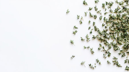 A stylish arrangement of dried thyme leaves on a clean, minimalist background, emphasizing the natural beauty and simplicity of this aromatic herb. Perfect for culinary and lifestyle themes.の素材