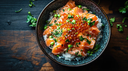 A captivating bowl of fresh salmon donburi, featuring tender rice topped with salmon, roe, and herbs, perfect for a healthy Japanese meal experience.の素材