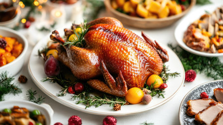 A beautifully roasted duck with golden skin placed on a festive table surrounded by seasonal dishes, creating an inviting atmosphere for celebrations.の素材