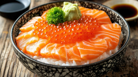 A close-up view of a delicious Japanese donburi featuring fresh salmon, vibrant roe, and a dollop of wasabi, served over fluffy rice in an elegant bowl.の素材