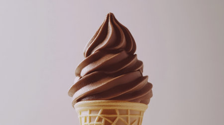 Enjoy a tempting close-up of a rich chocolate ice cream cone with a smooth swirl. Perfect for showcasing dessert treats and summer delights.の素材