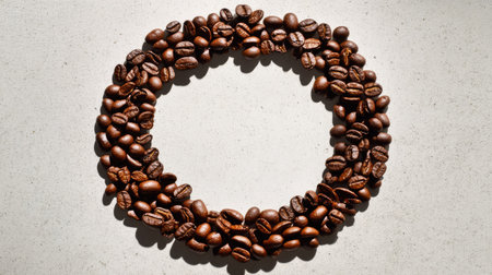 A creative arrangement of roasted coffee beans in a circular shape. This minimalist composition highlights the rich textures and colors of the beans, perfect for food photography.の素材