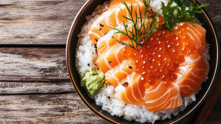 A vibrant bowl of Japanese donburi featuring fresh salmon slices and roe atop sushi rice, garnished with wasabi and herbs, perfect for food lovers.の素材