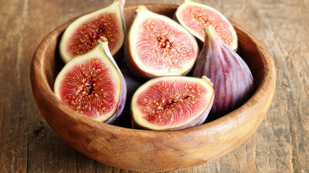 A close-up view of fresh ripe figs displayed in a rustic wooden bowl, showcasing their vibrant colors and intricate textures, perfect for food lovers or culinary designs.の素材