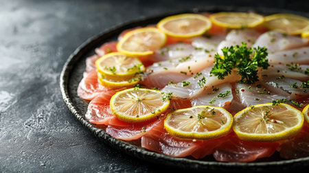 A beautifully arranged platter of assorted fish carpaccio, garnished with fresh lemon slices and herbs, perfect for culinary presentations and seafood dishes.の素材