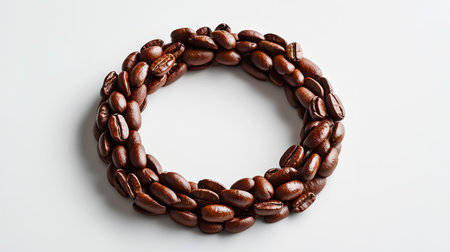 This artistic close-up features a circle crafted from roasted coffee beans, showcasing their rich brown color and natural texture. Ideal for food-themed projects.の素材