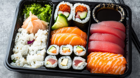 A vibrant bento box featuring assorted sushi rolls, fresh fish, and colorful vegetables. Perfect for showcasing a delicious and healthy meal option.の素材