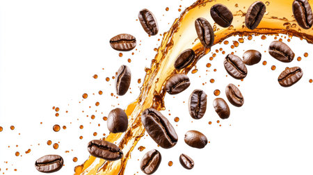 A dynamic image showcasing a splash of coffee with flying coffee droplets and beans. Perfect for conveying energy, freshness, and the love of coffee.の素材