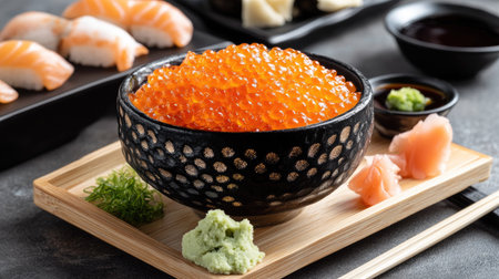 A generous serving of fresh salmon roe presented in an elegant bowl, garnished with wasabi and pickled ginger, perfect for seafood lovers.の素材