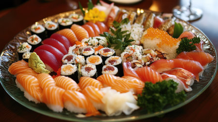 Discover a vibrant and exquisite Japanese gourmet sushi platter, showcasing an array of fresh sushi, sashimi, and colorful garnishes for a delightful dining experience.の素材