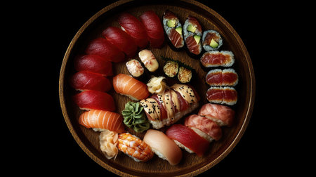 Experience a vibrant assortment of classic nigiri and sushi rolls beautifully presented on a wooden platter. Perfect for any sushi lover!の素材