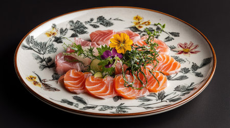 A beautifully arranged plate featuring fresh tuna slices, garnished with herbs and edible flowers, perfect for showcasing culinary artistry and vibrant dining experiences.の素材