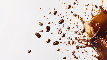 Experience the dynamic rush of coffee splashing with flying beans in this captivating image. Perfect for coffee lovers and beverage enthusiasts.の素材